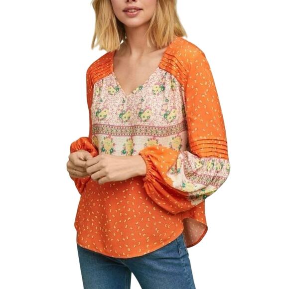 Maeve by Anthropologie Blouse  Orange Floral Sz large Long sleeve Boho cottage - Picture 1 of 8